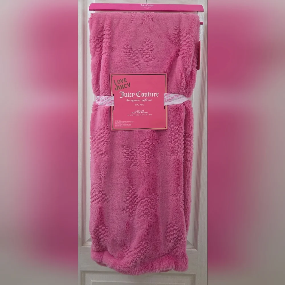 Juicy Couture Home Barbie Pink Bow Jacquard Faux Fur Throw Blanket
